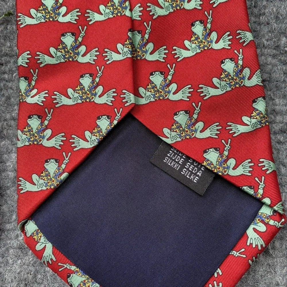 Peace Frogs Silk Necktie Red Green Whimsical Novelty Preppy Holiday